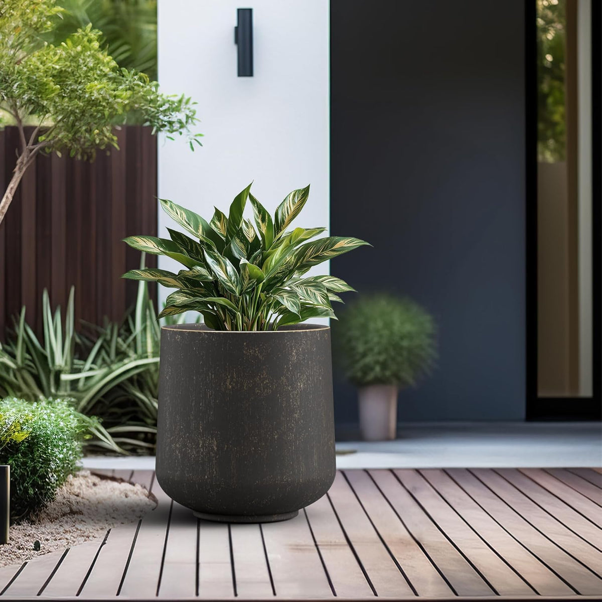 Kante 15.3" Dia Round Concrete Planter, Outdoor Indoor Large Plant Pots Containers with Drainage