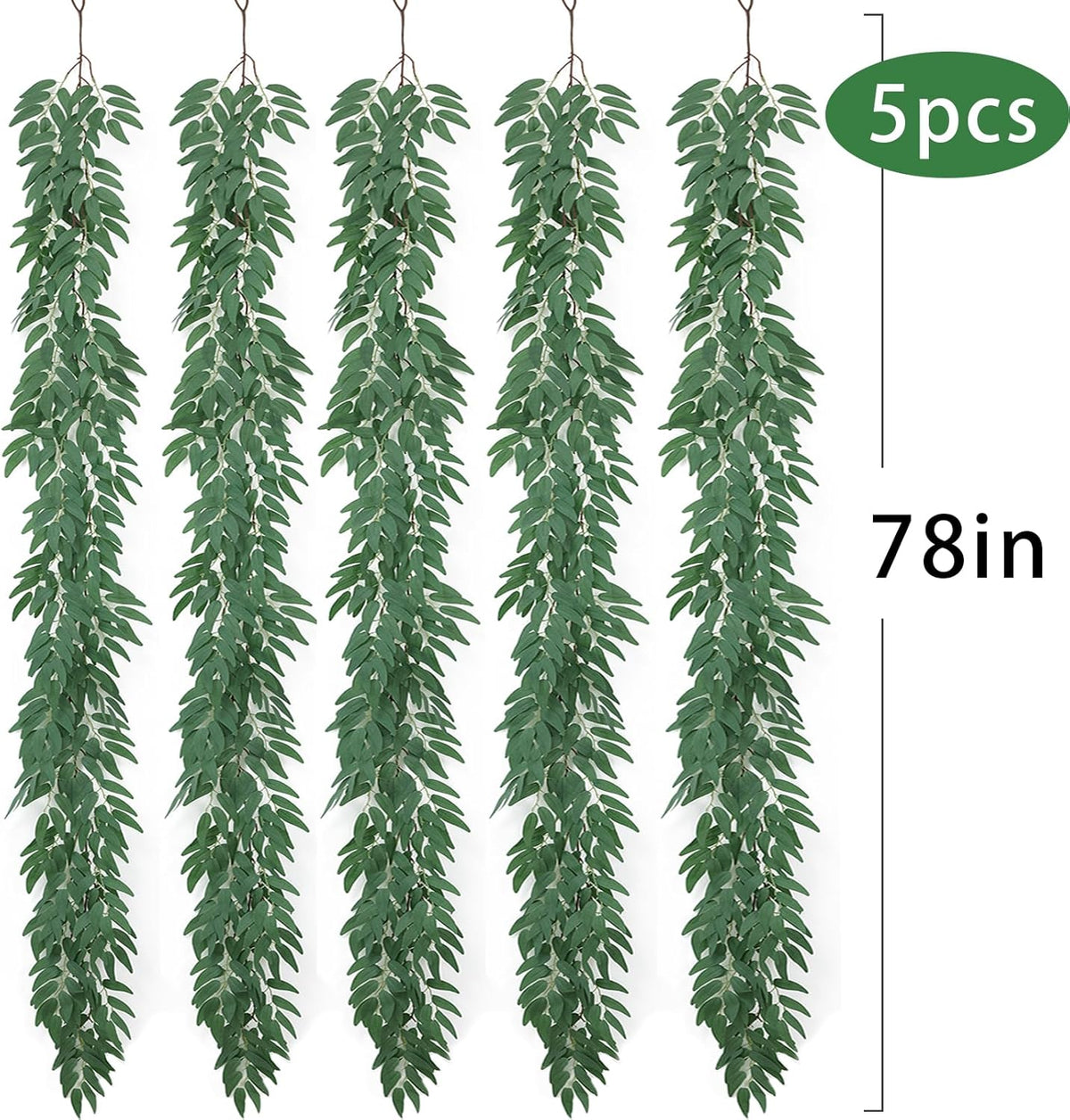 mizii 5 Packs 390" Artificial Vines Willows Garland Fake Vine Italian Ruscus Silk Green Leaves Faux