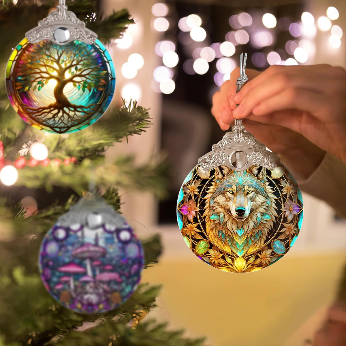 Stained Glass Suncatcher Hanging Ornament, Wolf Decor for Home, Christmas Ornament