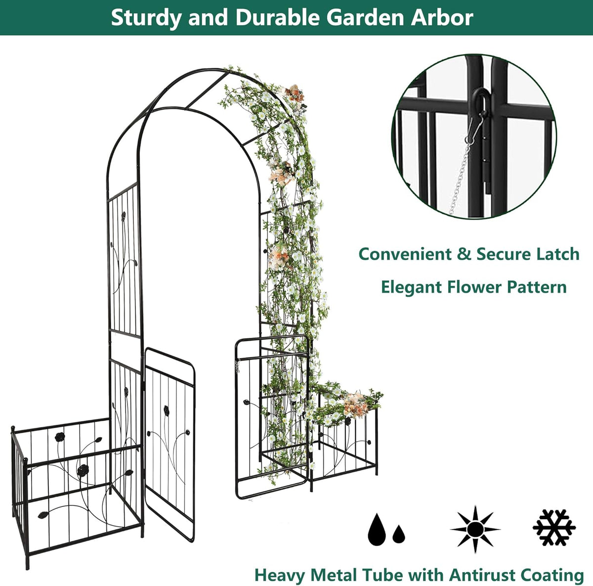 Metal Garden Arbor Arch with Gate and Plant Box, 86.6" H Garden Trellis Wedding Arch Party