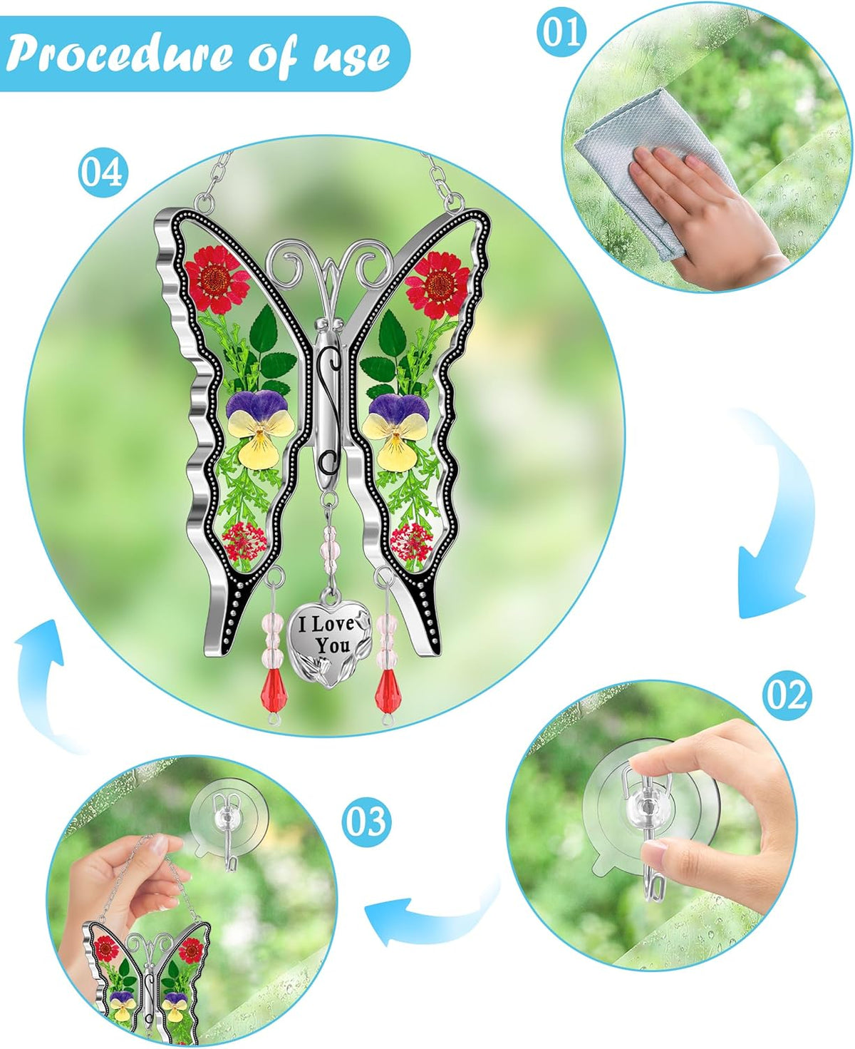 KY&BOSAM Suncatcher Butterfly Stained Glass Wind Chime Ornament for Window Hangings with Pressed