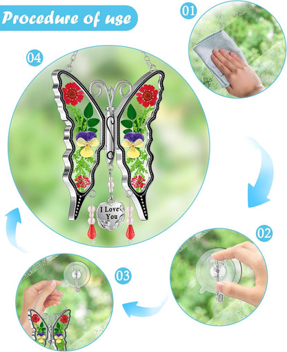 KY&BOSAM Suncatcher Butterfly Stained Glass Wind Chime Ornament for Window Hangings with Pressed