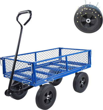 Solid Wheels 10" Flat Free Tires Steel Garden Wagon cart A Large-Capacity mesh with a Load of
