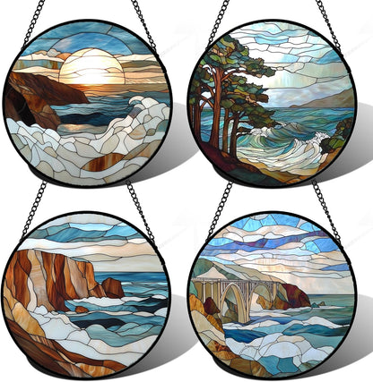Stained Glass Window Hanging 4 Pcs Set Ocean Waves 9.8" - Blue and White Sea Suncatcher Door Garden