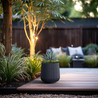 Kante 13.0" Dia Round Fluted Concrete Planter, Large Plant Pot with Drainage, Smooth Charcoal