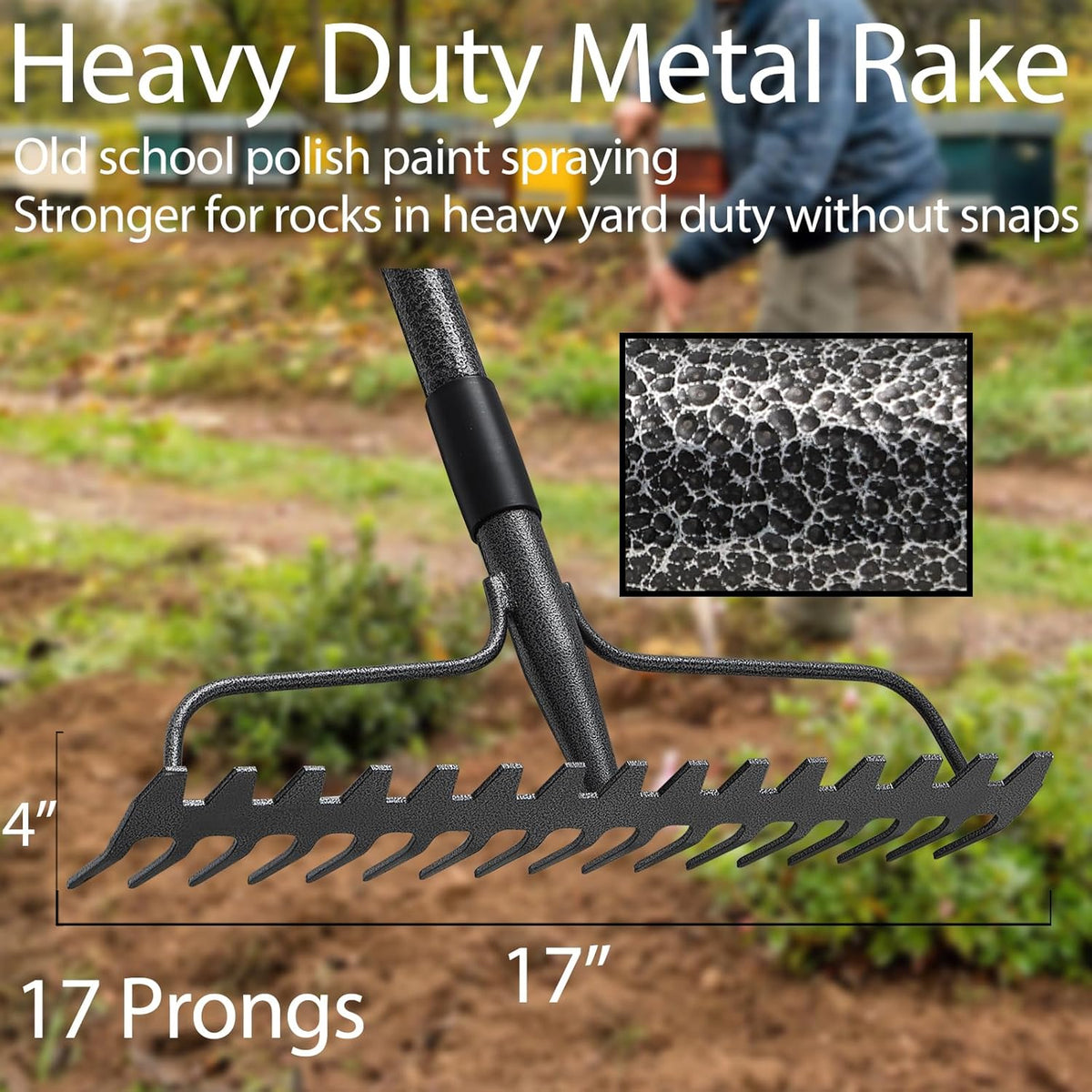 Bow Rakes for Lawns, 17 Prongs 17" Wide Heavy Duty Metal Garden Rake Long Handle 50", Adjustable