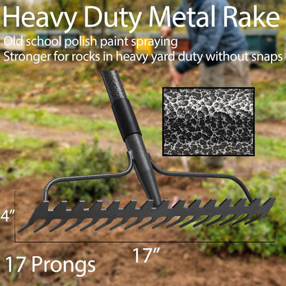 Bow Rakes for Lawns, 17 Prongs 17" Wide Heavy Duty Metal Garden Rake Long Handle 50", Adjustable