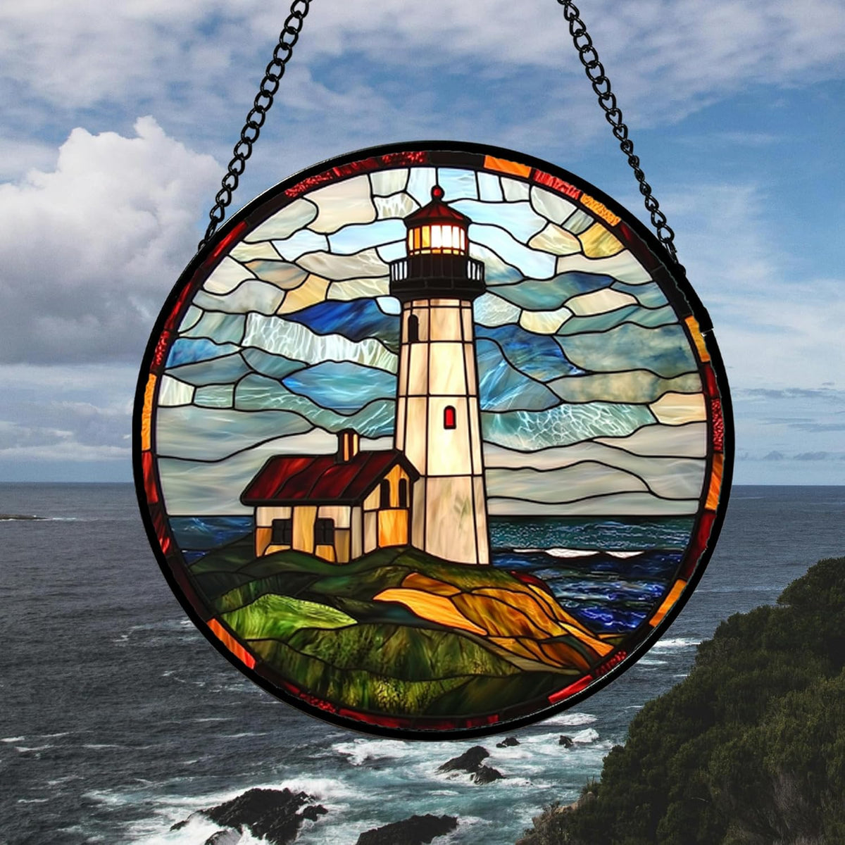 Stained Glass Window Hanging, Ocean Lighthouse Sun Catchers Glass Panel Blue Green Suncatcher Decor