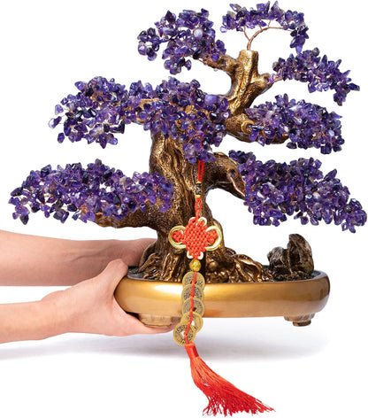 Natural Amethyst Gemstone Crystal Bonsai Tree of Life Large Feng Shui Money Chakra Tree for Luck