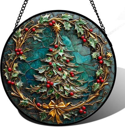 Stained Glass Window Hangings - Red Gold Green Wreath Suncatcher for Door Home Christmas Tree