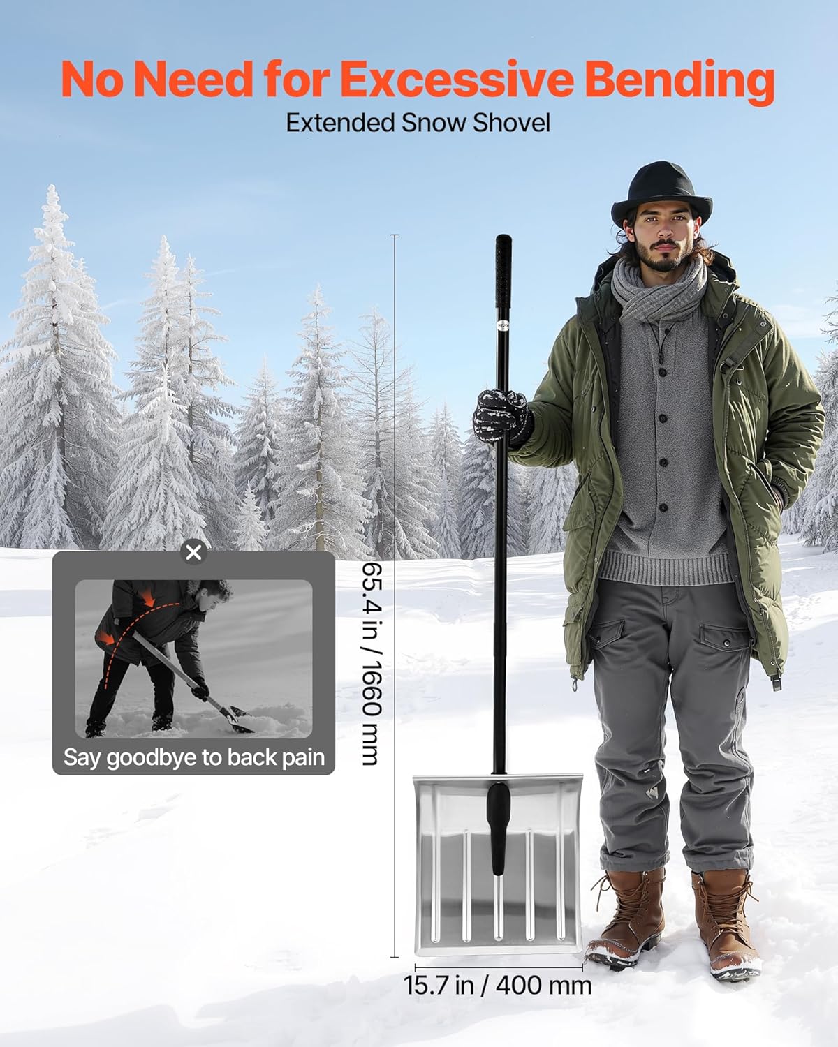 VEVOR Snow Shovel for Driveway, 16 in Wide Aluminum Alloy Snow Shovel, Non Slip Grip, Large