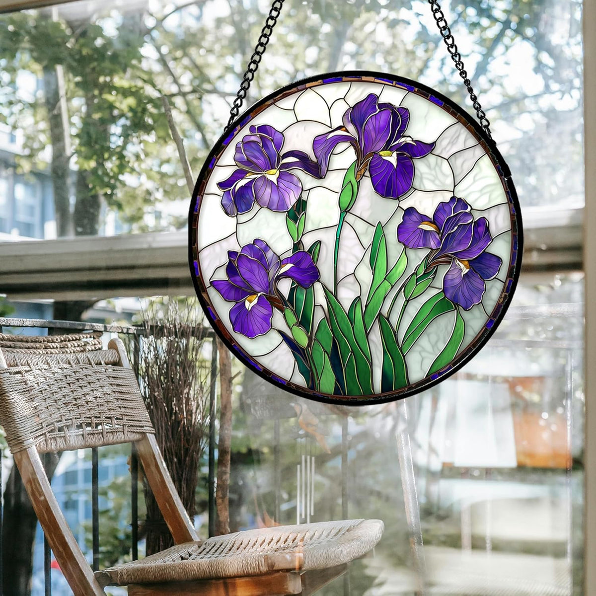Stained Glass Window Hanging - Purple Iris Flower Sun Catcher for Door Terrace Garden Home Decor