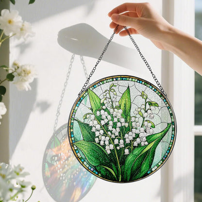 8-Inch Stained Glass Ornament, Stained Glass Window Hanging, Lily of Valley Flower Ornament, Window