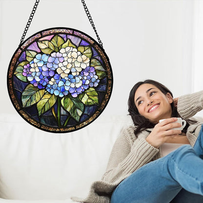 Stained Glass Window Hanging, Hydrangea Flowers Sun Catchers Diamond Glass Panel Hangings Plant