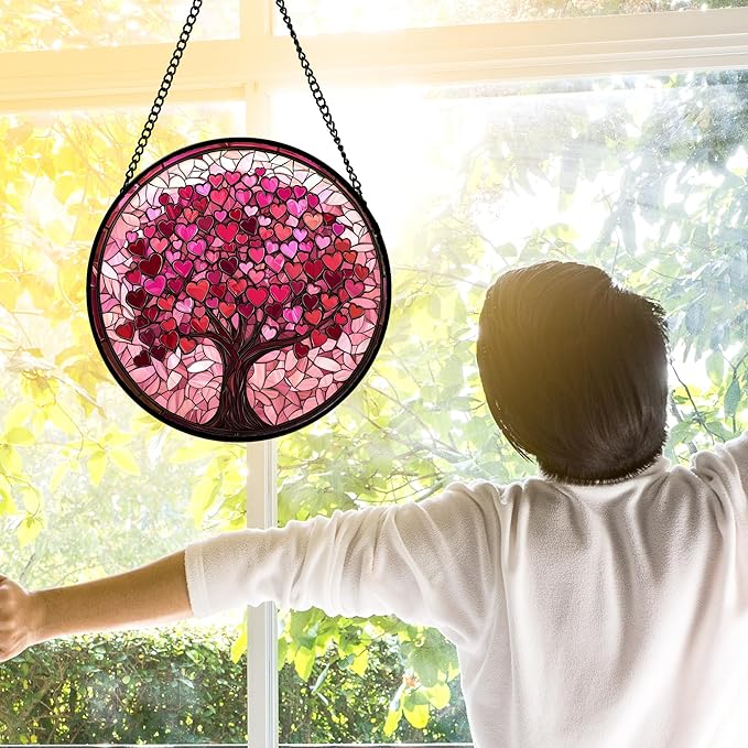 Stained Glass Window Hanging, Pink Love Tree of Life Sun Catchers Colorful Glass Panel Suncatcher