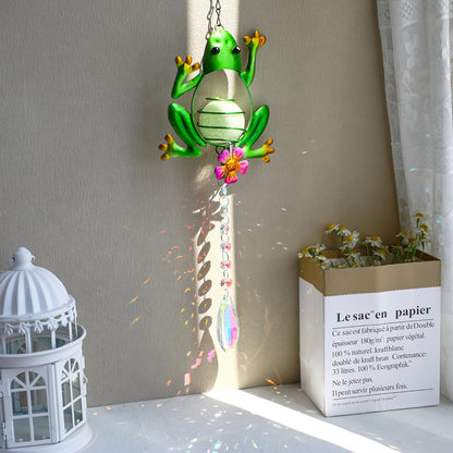Stained Glass Metal Frog Suncatcher Crystals for Window Ornament - 17" Outdoor Fence Wall Art