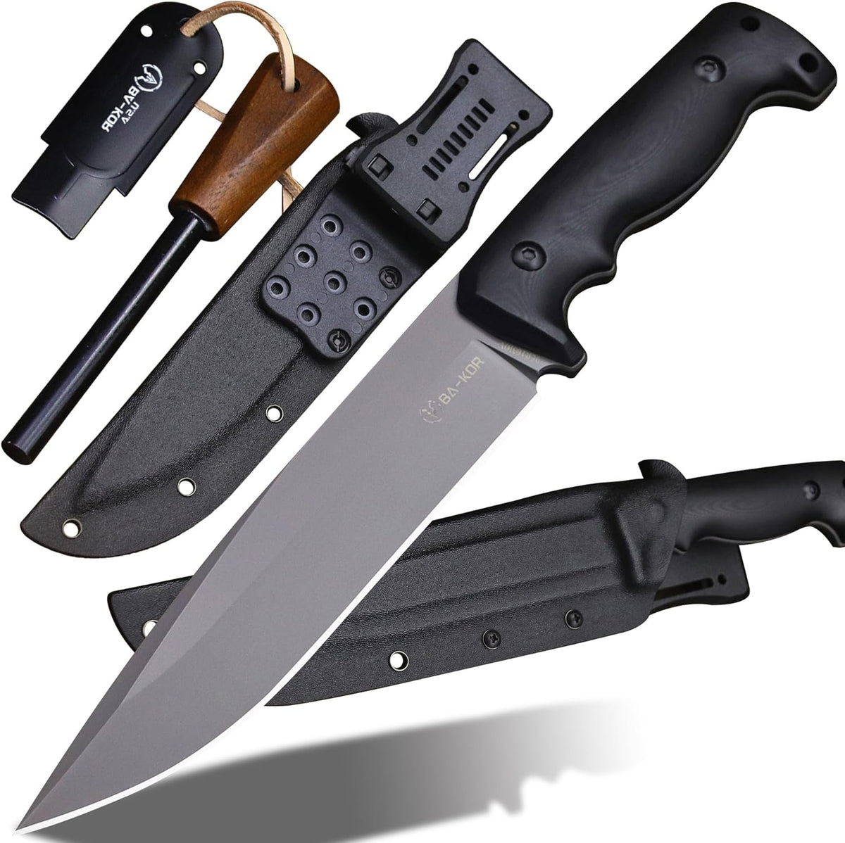 BA-KOR 5mm (9CR18MOV) steel 12.4" full tang hunting knife+K sheathing &5.9" cerium igniter Suitable
