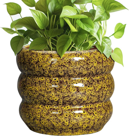 SQOWL Ceramic Planter - 8 Inch Indoor Plant Pot with Drainage Hole, Round Planter for Outdoor