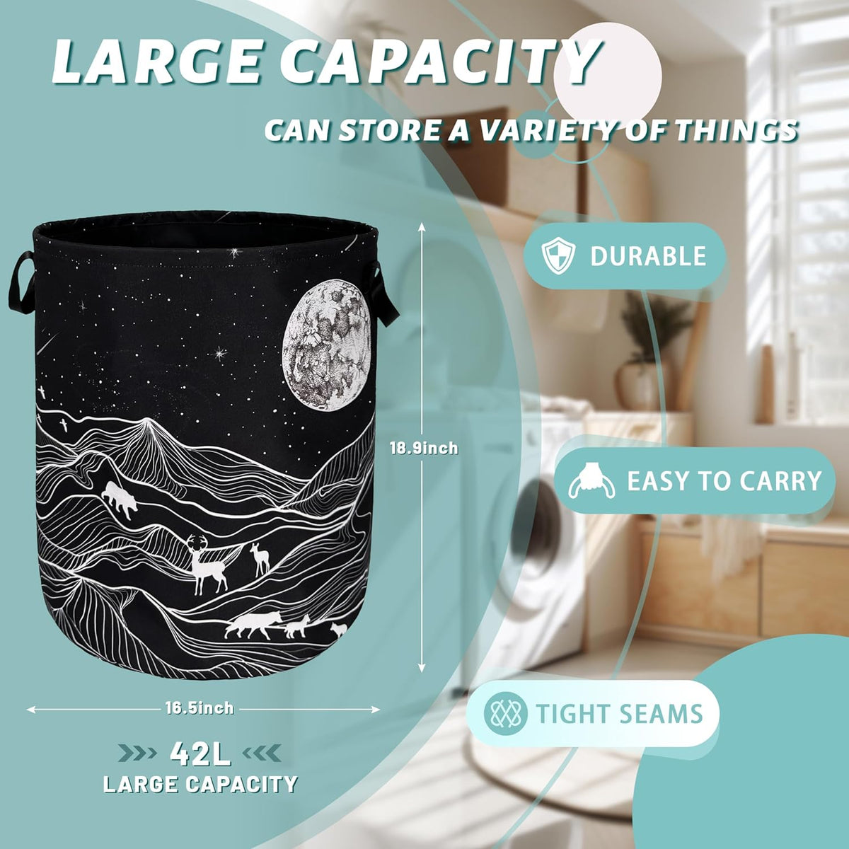 Mountain Laundry Basket Foldable With Handles Deer Bear Moon Tote Bag Oxford Cloth Funny Laundry