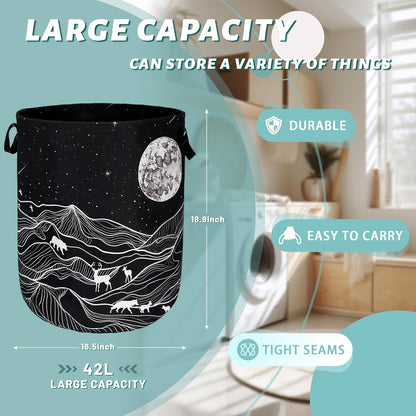 Mountain Laundry Basket Foldable With Handles Deer Bear Moon Tote Bag Oxford Cloth Funny Laundry