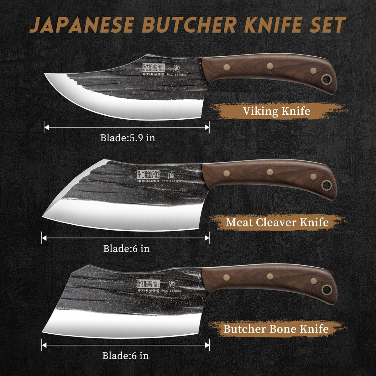HOSHANHO Butcher Knife Set, 3-Piece High Carbon Steel Serbian Chef Knife Set of Heavy Duty Boning