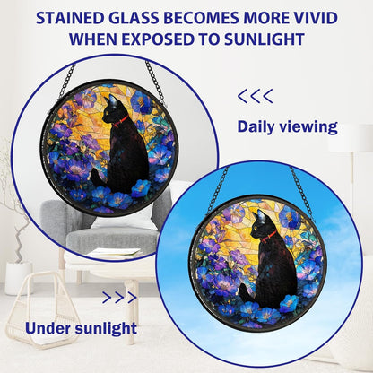 Cat Stained Glass Window Hanging, Flower Suncatcher Diamond Glass Panel Hangings, Sun Catchers