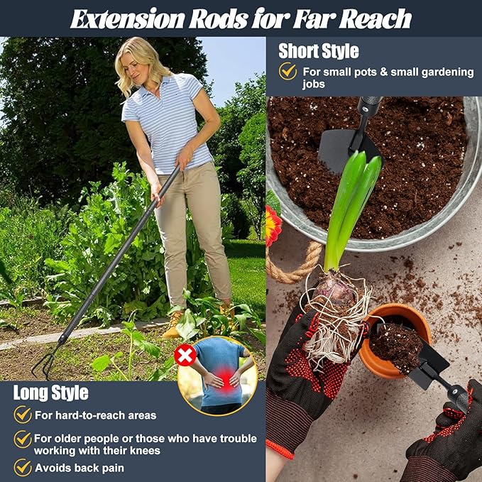 Garden Tool Set with Extended Long Handle, 5 Pieces Stainless Steel Gardening Tool Kit, Gifts for