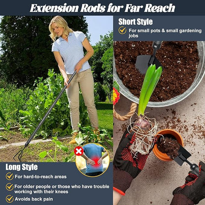 Garden Tool Set with Extended Long Handle, 5 Pieces Stainless Steel Gardening Tool Kit, Gifts for