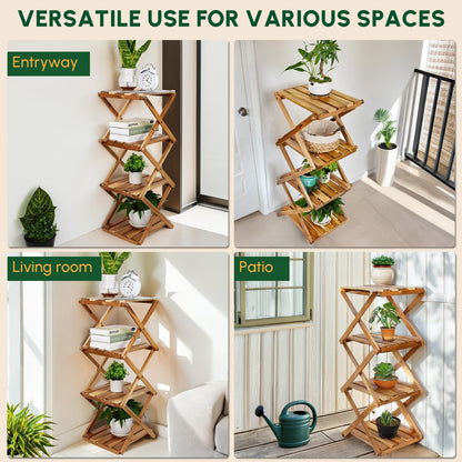 BEEFURNI Acacia Plant Stand Indoor Corner, Wooden Outdoor 4 Tier Corner Planter Stand, Foldable