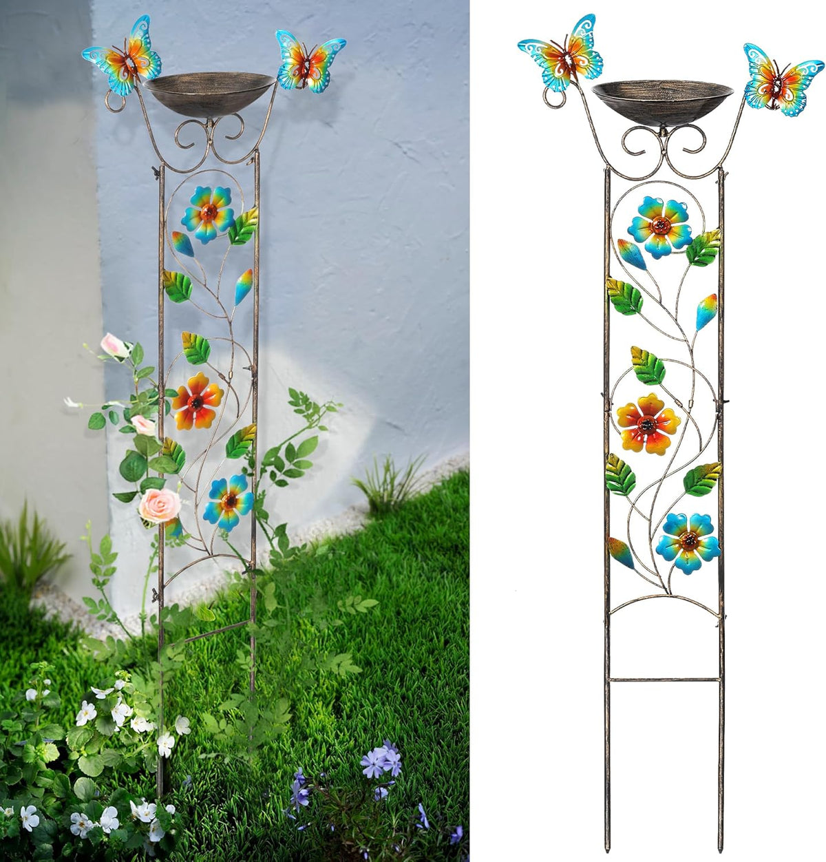 SUNNYPARK Bird Bath with Trellis Outdoor, Antique Garden Iron Plant Trellis with Decorative