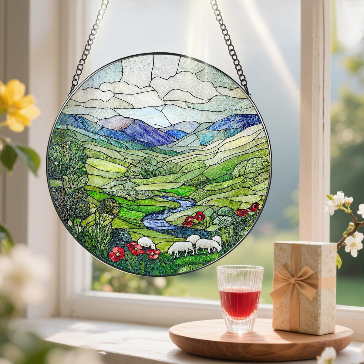 Stained Glass Window Hanging, Pauyadu 8 Inch Green Irish Hills Stained Glass Suncatcher, Window