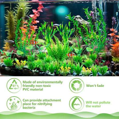 Ameliade Aquarium Artificial Green Plastic Plants Decorations 26 PCS Large Fish Tank Accessories