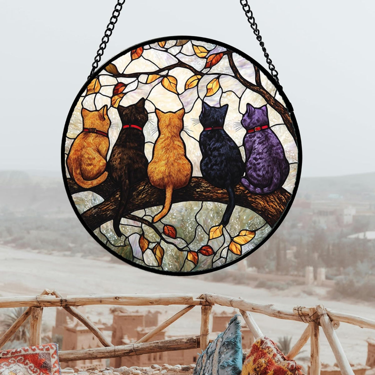 Stained Glass Window Hanging - 5 Cats on a Branch Suncatcher for Window Doors Home Decoration and