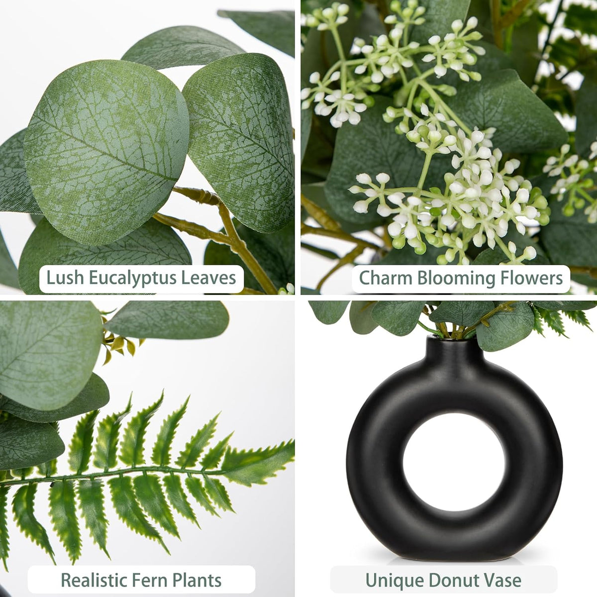 Artificial Eucalyptus Stems in Ceramic Vase 14.23" Fake Eucalyptus Plant Decor Black Donut Vase