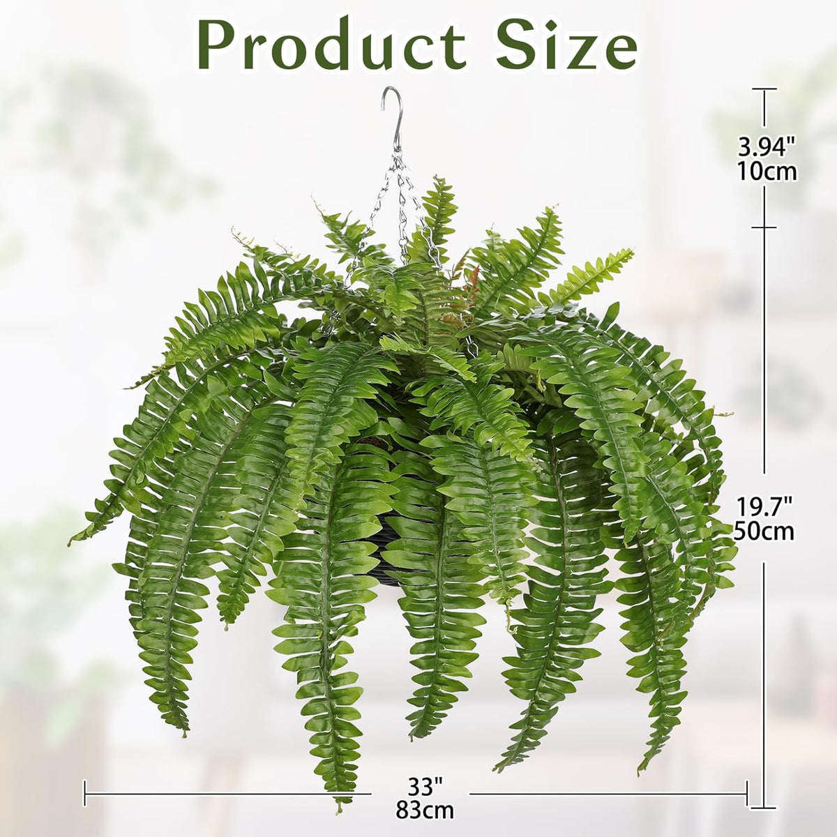 Hollyone 33" Artificial Boston Fern Hanging Basket Large 39 Leaves Fake Ferns in Rattan Pot