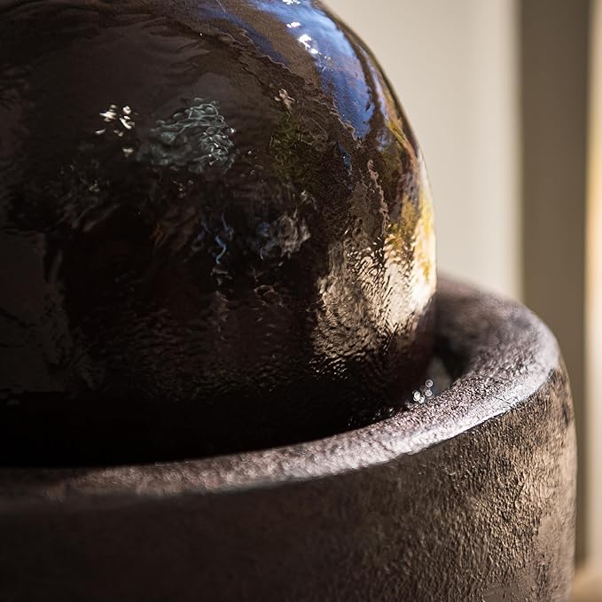 XBrand 25.98" H Round Stone Indoor/Outdoor Modern Stone Textured Sphere Water Fountain with LED