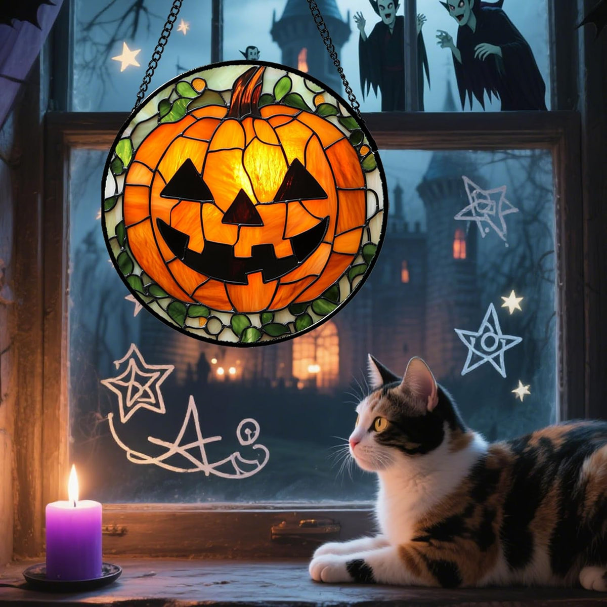 Stained Glass Window Hanging, Halloween Decorations Evil Pumpkin Suncatcher for Doors Garden Indoor