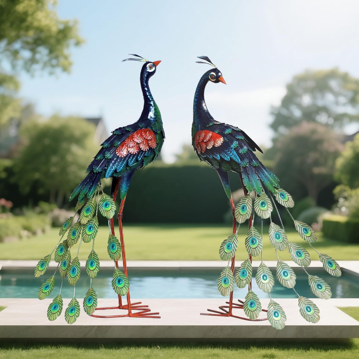 chisheen Garden Decor Outdoor Statues, Metal Peacock Decor for Outside, Garden Art Sculptures