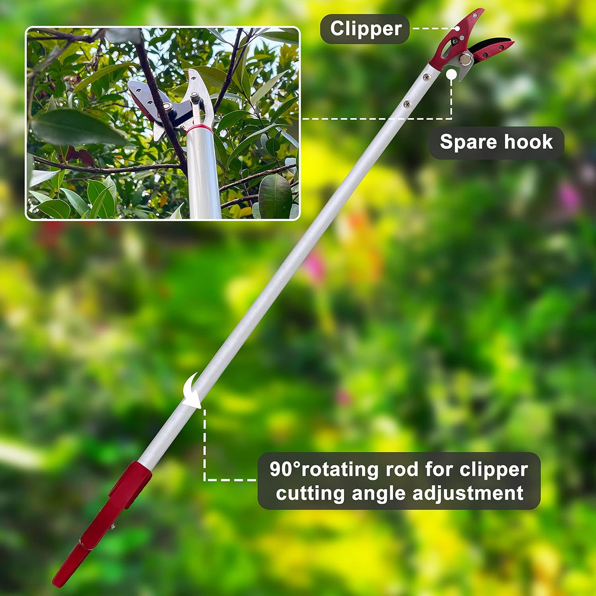Tree Trimmer, 2 Foot Pole Pruner, Long Reach Pruning Shears, Cut and Hold Garden Clippers, Aluminum