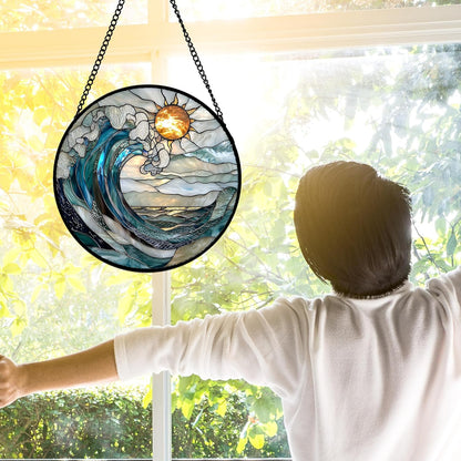 Stained Glass Window Hanging, Blue and White Waves Suncatcher Diamond Glass Panel Landscape Sun