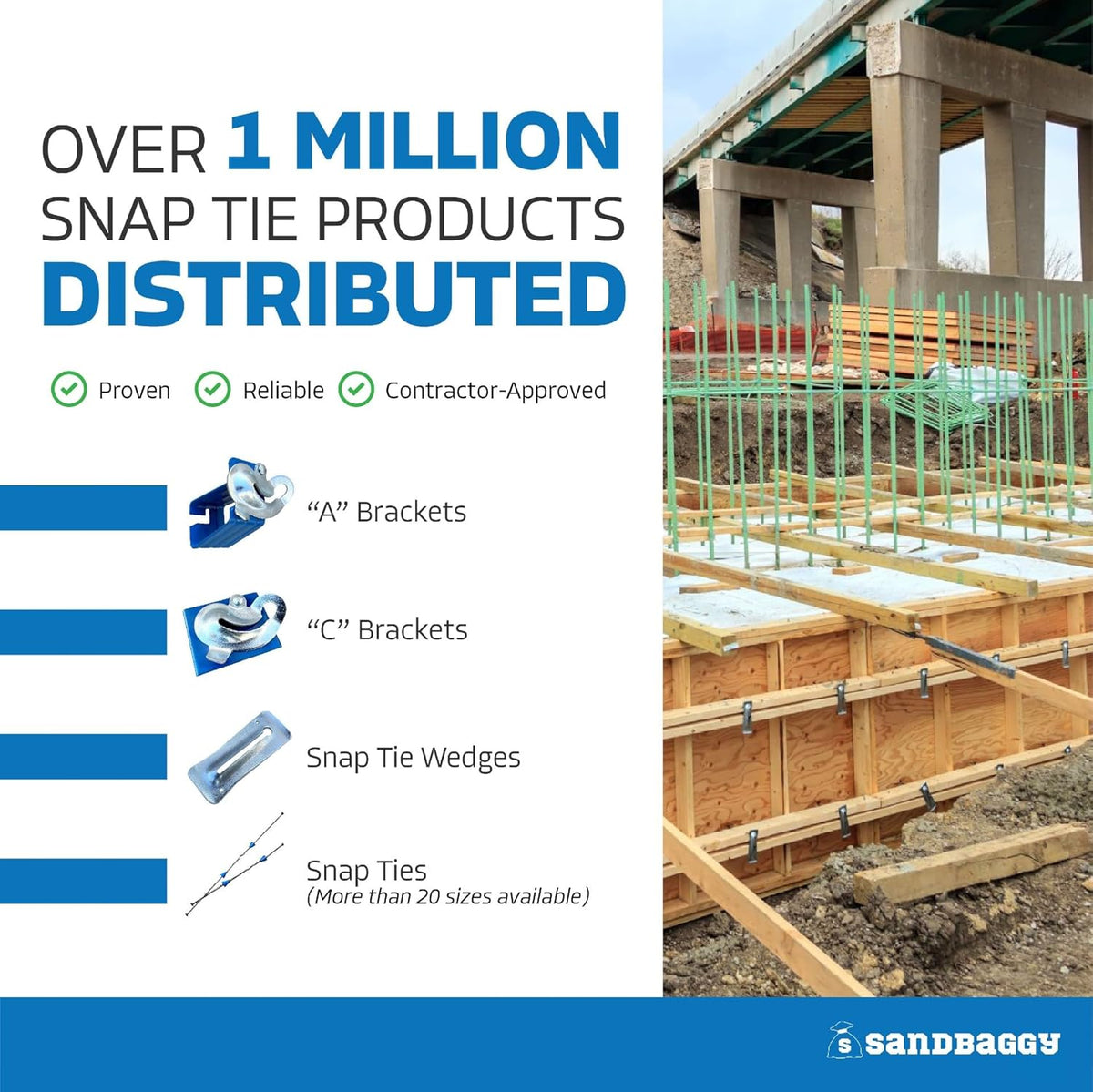8" Standard Snap Ties for Concrete Forms - 1" Plastic Cones, Integral Heads - 2:1 Safety Factor