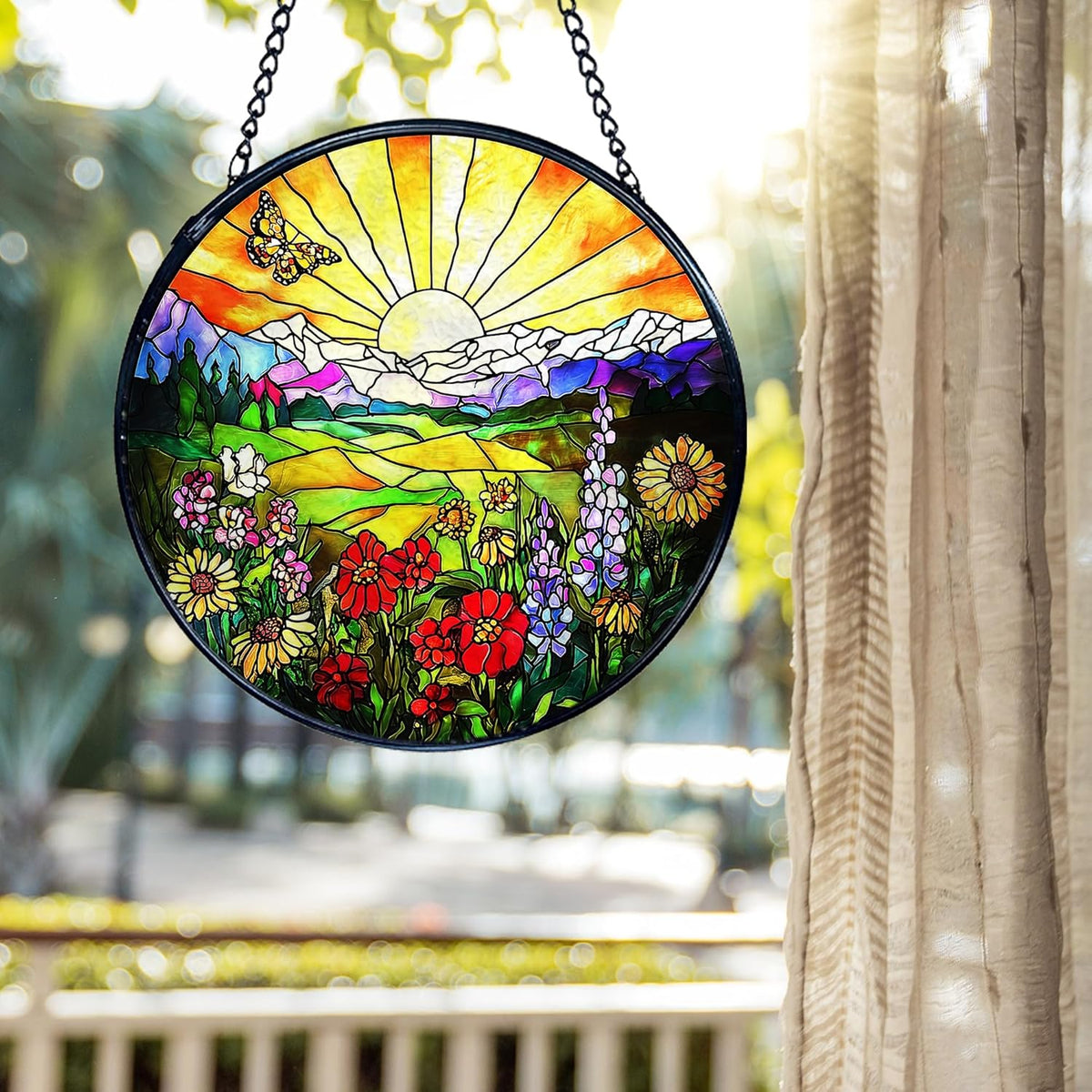 kdqua Sunshine Flower Suncatcher Stained Glass Window Hanging, Cottagecore Sunset Wildflower Sun