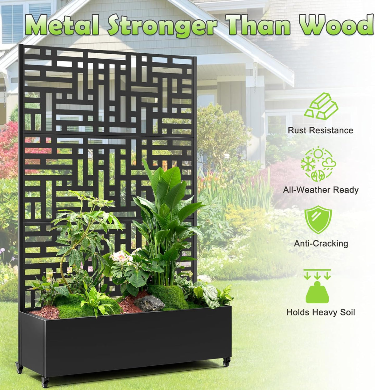 15.7"×70.9"×47.2" Metal Raised Garden Bed with Trellis and Wheels - Tall Trellis Planter Box for