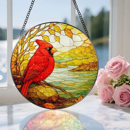 Stained Glass Window Hanging, 8 Inch Cardinal Stained Glass Suncatcher, Memorial Sun Catchers