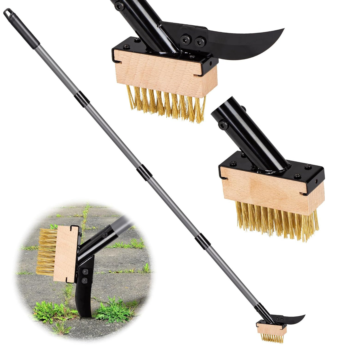 Walensee 3-in-1 Crack Weeder & Moss Remover Brush with 66.5-Inch Adjustable Handle, Weed Puller