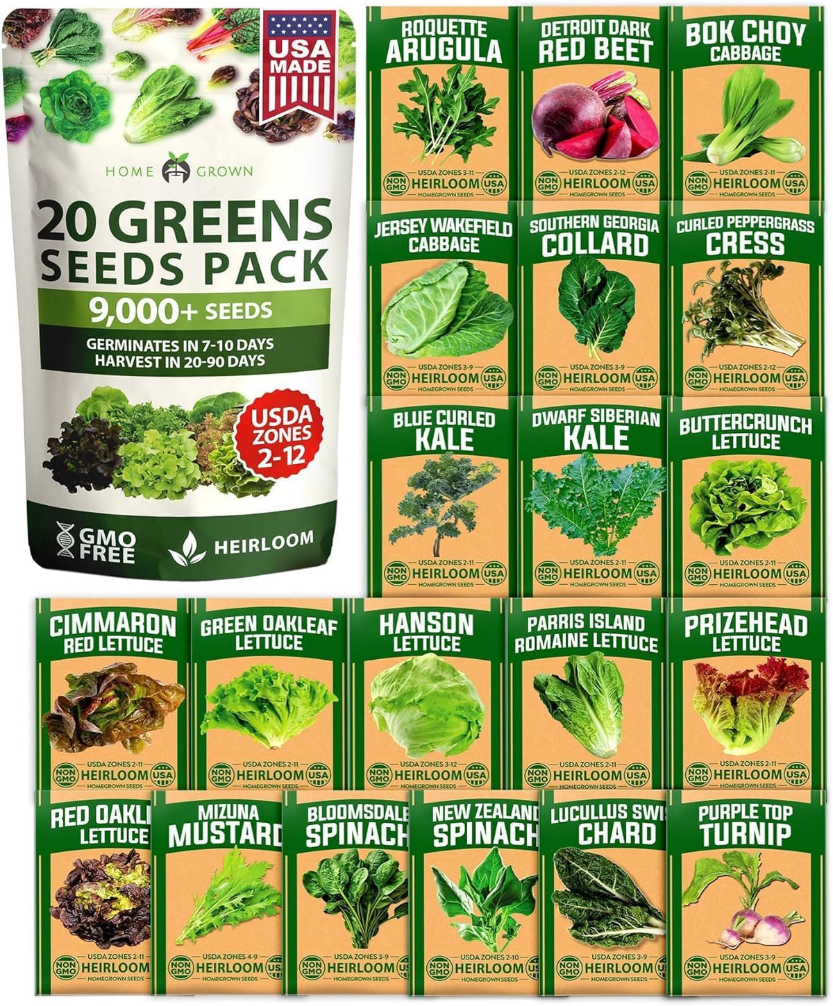 HOME GROWN 21,600+ Lettuce Seeds for Planting - 20 Heirloom Varieties, Non-GMO USA - Romaine