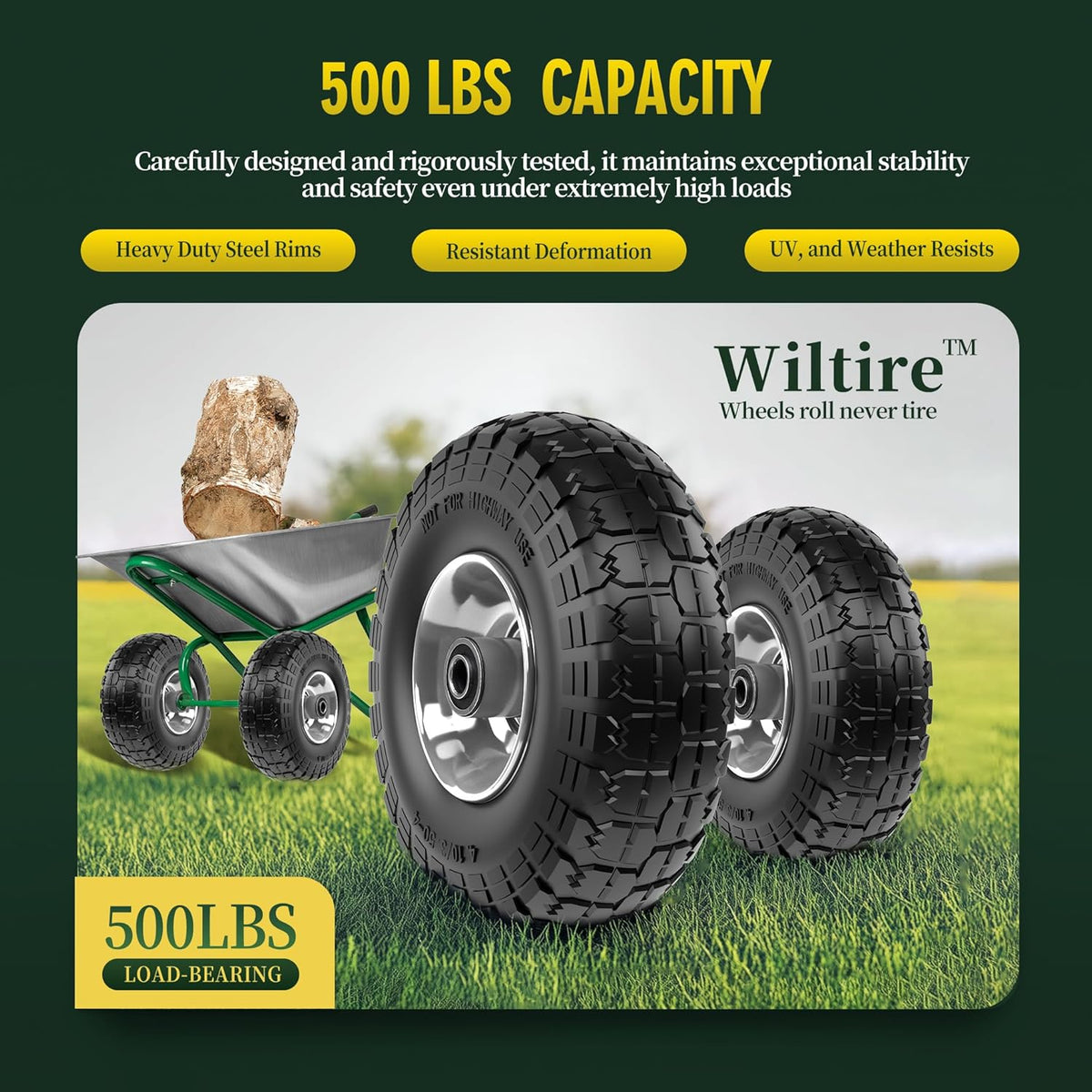 (2 Pack) 4.10/3.50-4 Flat Free Tire and Wheel 10-Inch Solid Wheel Replacement with 5/8