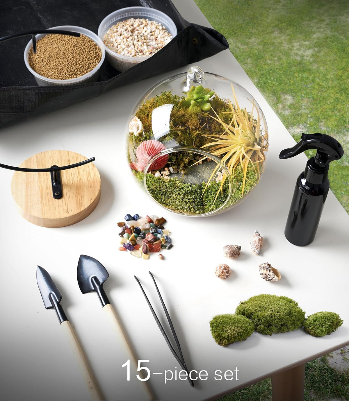 15-Piece Terrarium Kit with Live Moss – DIY Glass Globe Set with Tools, Soil, Stones & Spray Bottle