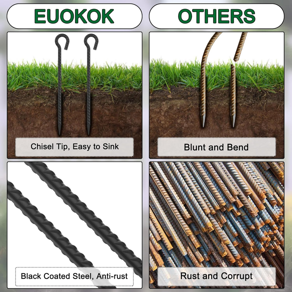 1/2 inch Rebar Stakes 36 Inches Long 6 Pack Steel Tent Anchors Heavy Duty Metal Tree Stakes and