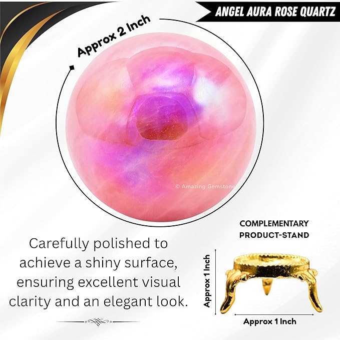Amazing Gemstone Angel Aura Rose Quartz Crystal Ball with Stand - 2" Inches Crystal Sphere